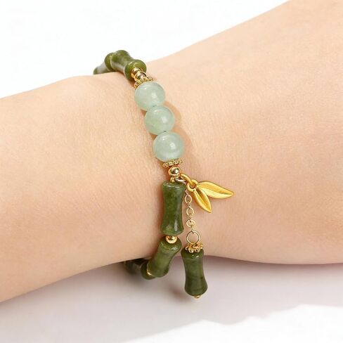 Jade Bracelet Green Bamboo Beaded Bracelet with Gold Leaf Charm for Mom Wife Sister Friend in Kuwait