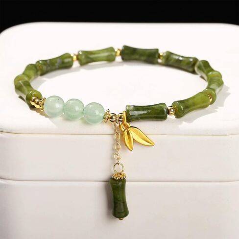 Jade Bracelet Green Bamboo Beaded Bracelet with Gold Leaf Charm for Mom Wife Sister Friend in Kuwait