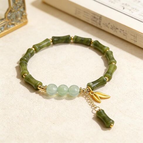 Jade Bracelet Green Bamboo Beaded Bracelet with Gold Leaf Charm for Mom Wife Sister Friend in Kuwait