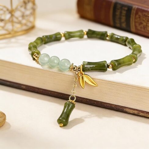 Jade Bracelet Green Bamboo Beaded Bracelet with Gold Leaf Charm for Mom Wife Sister Friend in Kuwait