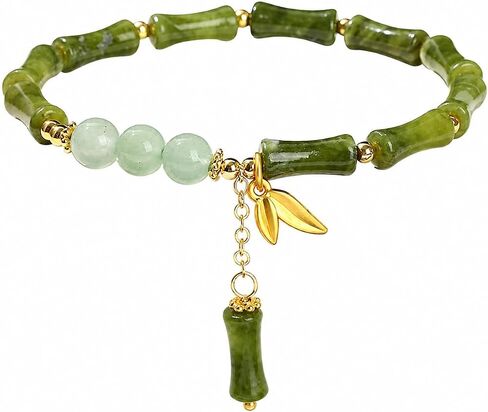Jade Bracelet Green Bamboo Beaded Bracelet with Gold Leaf Charm for Mom Wife Sister Friend in Kuwait