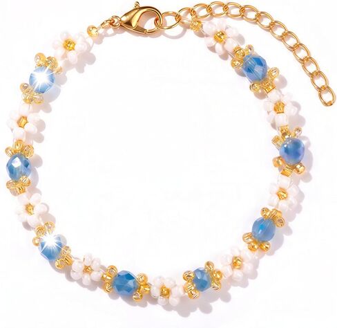 Dainty Seed Bead Flower Bracelet for Women, Blue Glass Beads with Gold Accents, Minimalist Floral Beaded Jewelry in Saudi Arabia