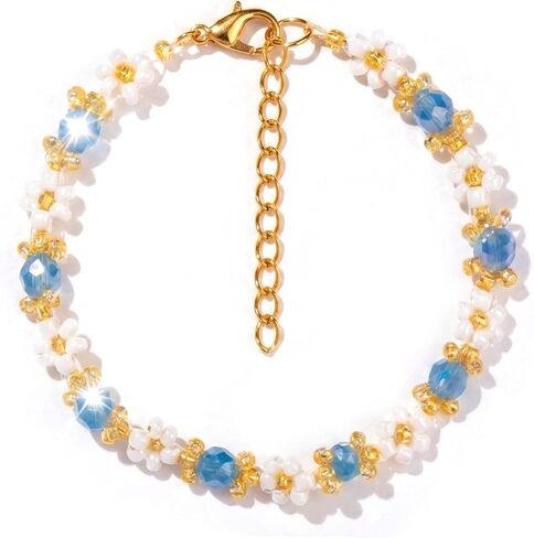 Dainty Seed Bead Flower Bracelet for Women, Blue Glass Beads with Gold Accents, Minimalist Floral Beaded Jewelry in Saudi Arabia