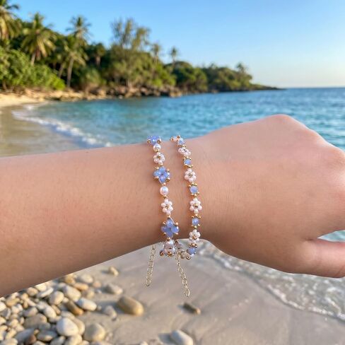 Dainty Seed Bead Flower Bracelet for Women, Blue Glass Beads with Gold Accents, Minimalist Floral Beaded Jewelry in Saudi Arabia