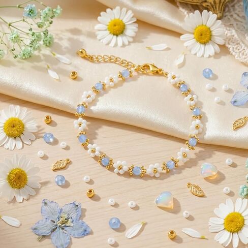 Dainty Seed Bead Flower Bracelet for Women, Blue Glass Beads with Gold Accents, Minimalist Floral Beaded Jewelry in Saudi Arabia