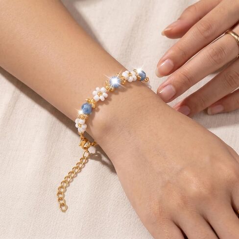 Dainty Seed Bead Flower Bracelet for Women, Blue Glass Beads with Gold Accents, Minimalist Floral Beaded Jewelry in Saudi Arabia