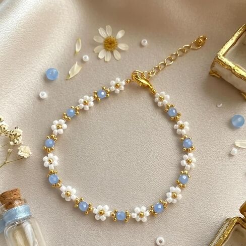 Dainty Seed Bead Flower Bracelet for Women, Blue Glass Beads with Gold Accents, Minimalist Floral Beaded Jewelry in Saudi Arabia