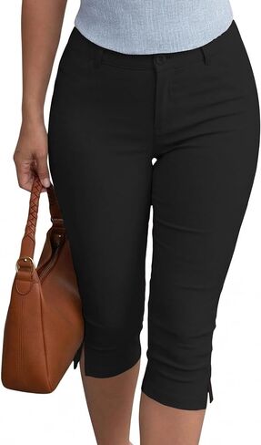 Womens Stretch Capri Pants High Waist Slim Fit Cropped Work Pants Side Slit Hem Business Casual Travel Going Out in Saudi Arabia