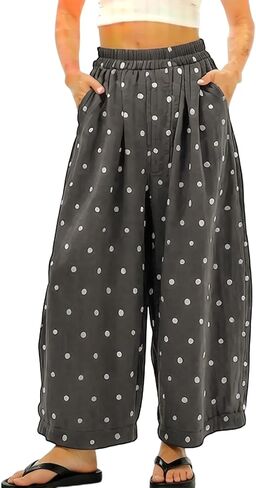 Songling Polka Dot Pants for Women Summer Boho Beach Elastic Waist Palazzo Wide Barrel Leg Pants with Pockets in Saudi Arabia