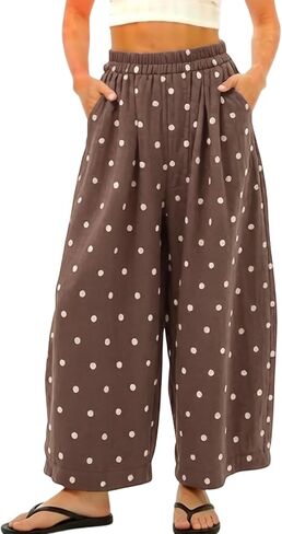 Songling Polka Dot Pants for Women Summer Boho Beach Elastic Waist Palazzo Wide Barrel Leg Pants with Pockets in Saudi Arabia