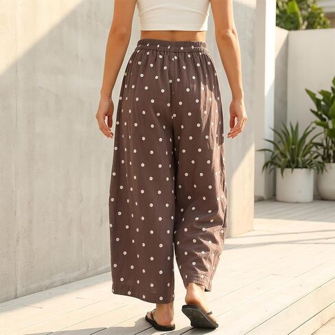 Songling Polka Dot Pants for Women Summer Boho Beach Elastic Waist Palazzo Wide Barrel Leg Pants with Pockets in Saudi Arabia