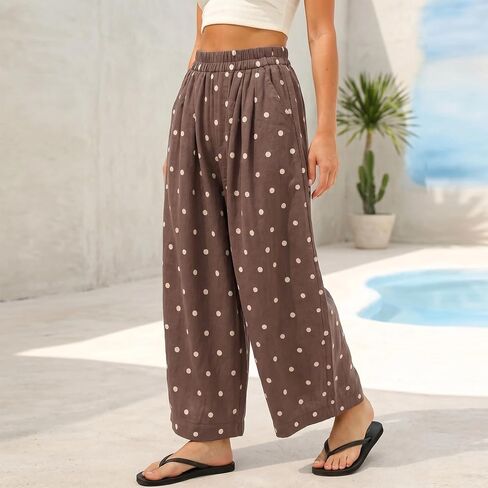 Songling Polka Dot Pants for Women Summer Boho Beach Elastic Waist Palazzo Wide Barrel Leg Pants with Pockets in Saudi Arabia