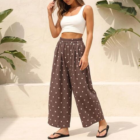 Songling Polka Dot Pants for Women Summer Boho Beach Elastic Waist Palazzo Wide Barrel Leg Pants with Pockets in Saudi Arabia