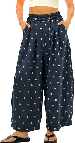Songling Polka Dot Pants for Women Summer Boho Beach Elastic Waist Palazzo Wide Barrel Leg Pants with Pockets in Saudi Arabia