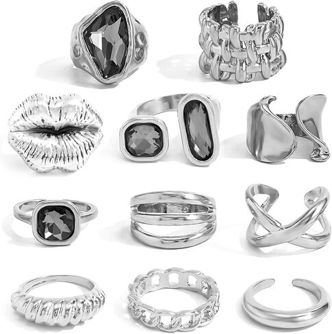 CHICUTIE Silver Kunckle Rings Set for Women, Stackable Chunky Crystal Finger Midi Stacking Rings, Dainty Black Cubic Zirconia Statement Thumb Knuckle Rings Pack Jewelry Gift in Saudi Arabia