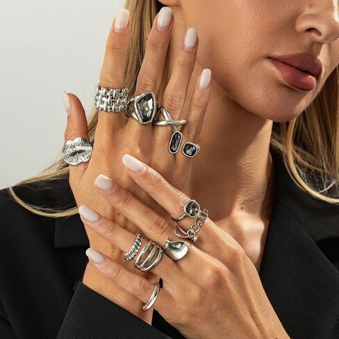 CHICUTIE Silver Kunckle Rings Set for Women, Stackable Chunky Crystal Finger Midi Stacking Rings, Dainty Black Cubic Zirconia Statement Thumb Knuckle Rings Pack Jewelry Gift in Saudi Arabia