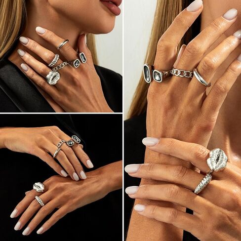 CHICUTIE Silver Kunckle Rings Set for Women, Stackable Chunky Crystal Finger Midi Stacking Rings, Dainty Black Cubic Zirconia Statement Thumb Knuckle Rings Pack Jewelry Gift in Saudi Arabia