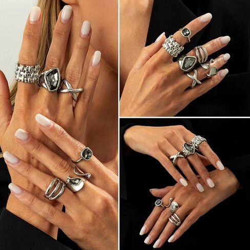 CHICUTIE Silver Kunckle Rings Set for Women, Stackable Chunky Crystal Finger Midi Stacking Rings, Dainty Black Cubic Zirconia Statement Thumb Knuckle Rings Pack Jewelry Gift in Saudi Arabia