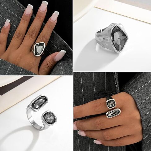 CHICUTIE Silver Kunckle Rings Set for Women, Stackable Chunky Crystal Finger Midi Stacking Rings, Dainty Black Cubic Zirconia Statement Thumb Knuckle Rings Pack Jewelry Gift in Saudi Arabia