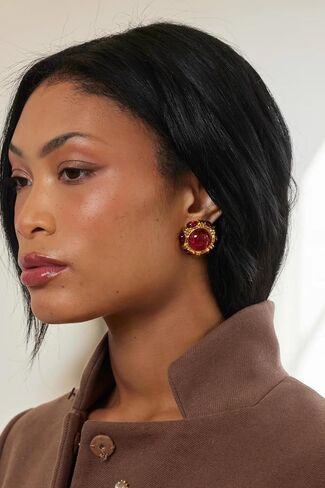 Kenneth Jay Lane Gold Faux Ruby and Emerald Gemstone Button Clip-On Earrings in Kuwait