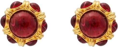 Kenneth Jay Lane Gold Faux Ruby and Emerald Gemstone Button Clip-On Earrings in Kuwait