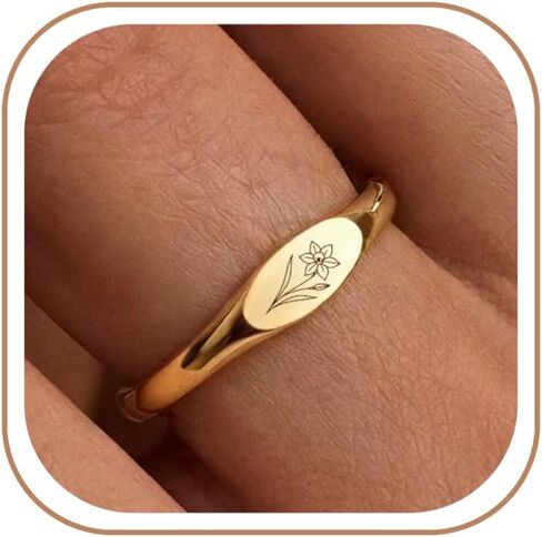 Birthflower Signet Gold Rings for Women Non Tarnish Statement Dainty 14k Plated Silver Size 6-10 Mothers Day Birthday Gifts for Mom Grandma Jewelry in Saudi Arabia