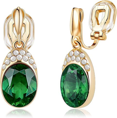 EVEVIC Austrian Crystal Oval Drop Clip On Earrings for Women Trendy 14K Gold Plated Hypoallergenic Non Piercing Dainty Fashion Earrings Comfortable Jewelry Gift in Kuwait