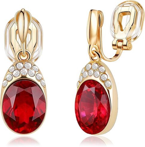 EVEVIC Austrian Crystal Oval Drop Clip On Earrings for Women Trendy 14K Gold Plated Hypoallergenic Non Piercing Dainty Fashion Earrings Comfortable Jewelry Gift in Kuwait
