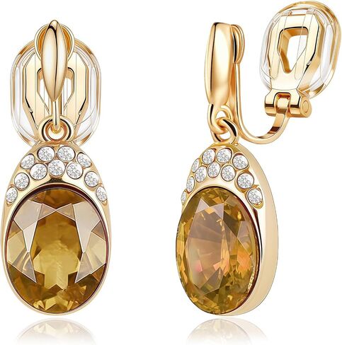 EVEVIC Austrian Crystal Oval Drop Clip On Earrings for Women Trendy 14K Gold Plated Hypoallergenic Non Piercing Dainty Fashion Earrings Comfortable Jewelry Gift in Kuwait