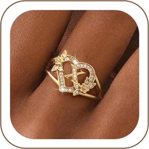 Initial Gold Rings for Women Non Tarnish 14K Gold Plated Cubic Zirconia Chunky Heart Statement Rings Dainty Vintage Flower Stackable Thumb Rings Jewelry Gifts Letter Ring Size 6 7 8 9 10 in Saudi Arabia