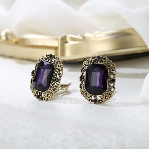 BriLove Victorian Style Statement Clip-on Earrings for Women,Stunning Shiny Crystal Inspired Emerald Cut Earring for Costume Party Prom Jewelry Acessories in Kuwait