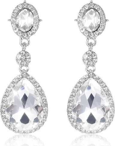 Elegant Rhinestone Clip On Earrings For Women, Non-Pierced Wedding Jewelry | Sparkling Teardrop Dangle Clip Earrings, Clear Rhinestone Wedding Prom Jewelry in Saudi Arabia