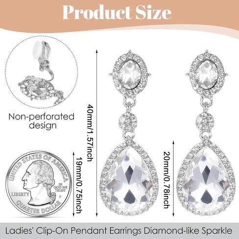 Elegant Rhinestone Clip On Earrings For Women, Non-Pierced Wedding Jewelry | Sparkling Teardrop Dangle Clip Earrings, Clear Rhinestone Wedding Prom Jewelry in Saudi Arabia