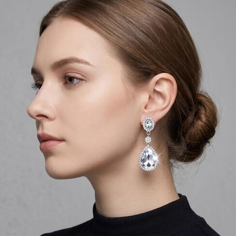 Elegant Rhinestone Clip On Earrings For Women, Non-Pierced Wedding Jewelry | Sparkling Teardrop Dangle Clip Earrings, Clear Rhinestone Wedding Prom Jewelry in Saudi Arabia