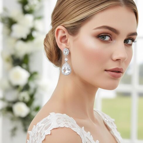 Elegant Rhinestone Clip On Earrings For Women, Non-Pierced Wedding Jewelry | Sparkling Teardrop Dangle Clip Earrings, Clear Rhinestone Wedding Prom Jewelry in Saudi Arabia