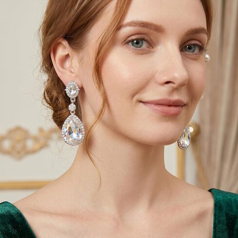 Elegant Rhinestone Clip On Earrings For Women, Non-Pierced Wedding Jewelry | Sparkling Teardrop Dangle Clip Earrings, Clear Rhinestone Wedding Prom Jewelry in Saudi Arabia