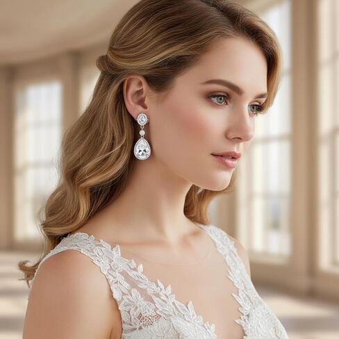 Elegant Rhinestone Clip On Earrings For Women, Non-Pierced Wedding Jewelry | Sparkling Teardrop Dangle Clip Earrings, Clear Rhinestone Wedding Prom Jewelry in Saudi Arabia