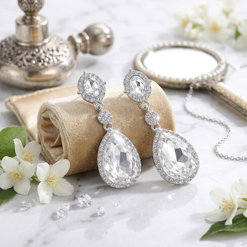 Elegant Rhinestone Clip On Earrings For Women, Non-Pierced Wedding Jewelry | Sparkling Teardrop Dangle Clip Earrings, Clear Rhinestone Wedding Prom Jewelry in Saudi Arabia