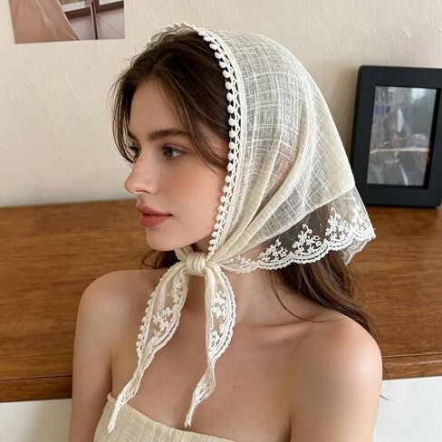 beige Lace Triangle Head Scarf, Elegant Vintage Lace Hair Kerchief, Stylish Daily Decorative Hair Accessory for Women in Saudi Arabia