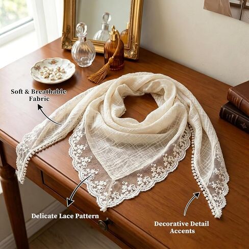 beige Lace Triangle Head Scarf, Elegant Vintage Lace Hair Kerchief, Stylish Daily Decorative Hair Accessory for Women in Saudi Arabia