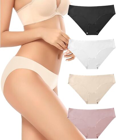 Women's Seamless Underwear No Show Stretch Bikini Panties Silky Invisible Hipster Black&white&skin&Pink in Kuwait