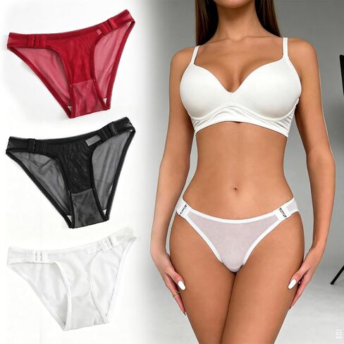 Women's Sexy Sheer Mesh Bikini Panties with Adjustable Side Hooks and Lace Trim, 3-Pack in Kuwait