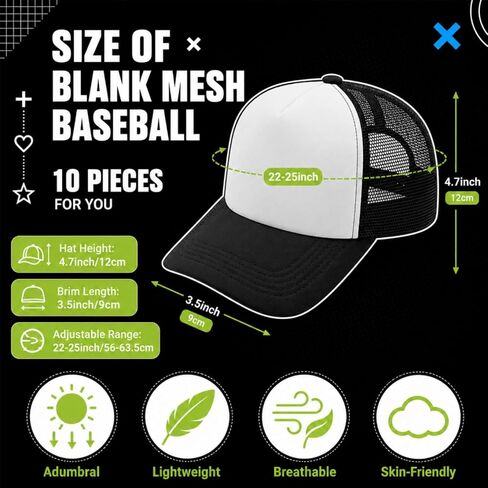 WRINGKIT 10 Pack Sublimation Blank Trucker Hats, Black Trucker Cap Bulk with Adjustable Snapback Strap, Unisex Mesh Baseball Cap for Women and Men, DIY Sublimation, Embroidery, Printing in Kuwait
