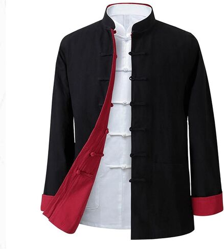 Kung Fu Uniform for Men Shirt Suit,Traditional Tang Chinese Button Long-Sleeve Top Double-Sided Tang Suit Men Jacket(Black)(3XL) in Kuwait
