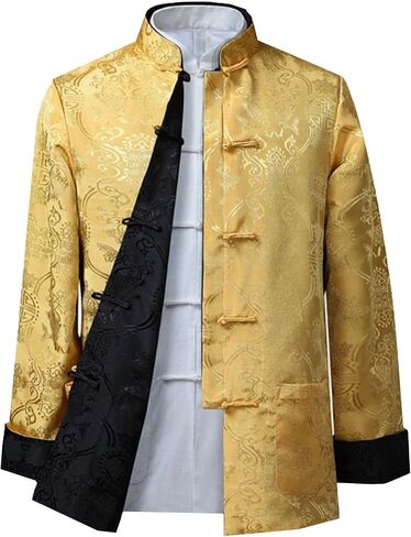 Tang Suit,Men Tang Suit Spring and Autumn Thin Coat Double-Sided Fashionable Ethnic Style Jacket Buttoned Stand-Up Collar(Green-Yellow)(S) in Kuwait
