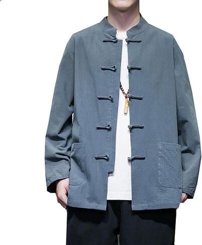 Tang Suit,Spring and Autumn Chinese Style Men's Clothing Retro Chinese Shirt Large Size Tang Suit Long-Sleeved(Gray-Blue)(5XL) in Kuwait