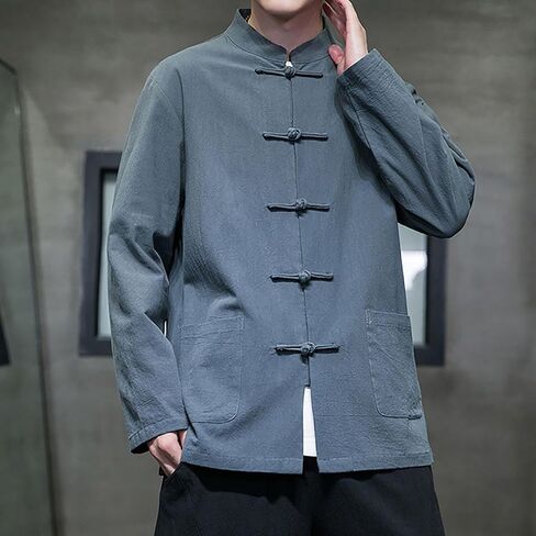 Tang Suit,Spring and Autumn Chinese Style Men's Clothing Retro Chinese Shirt Large Size Tang Suit Long-Sleeved(Gray-Blue)(5XL) in Kuwait