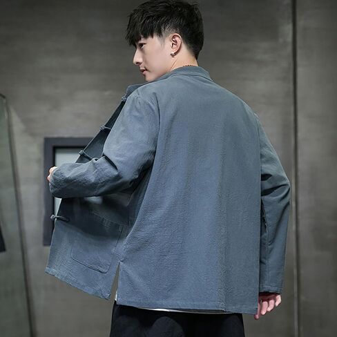 Tang Suit,Spring and Autumn Chinese Style Men's Clothing Retro Chinese Shirt Large Size Tang Suit Long-Sleeved(Gray-Blue)(5XL) in Kuwait