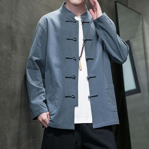 Tang Suit,Spring and Autumn Chinese Style Men's Clothing Retro Chinese Shirt Large Size Tang Suit Long-Sleeved(Gray-Blue)(5XL) in Kuwait