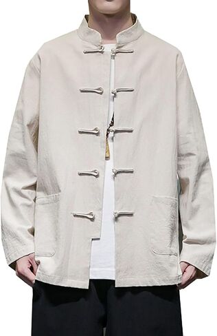 Tang Suit,Spring and Autumn Chinese Style Men's Clothing Retro Chinese Shirt Large Size Tang Suit Long-Sleeved(Gray-Blue)(5XL) in Kuwait